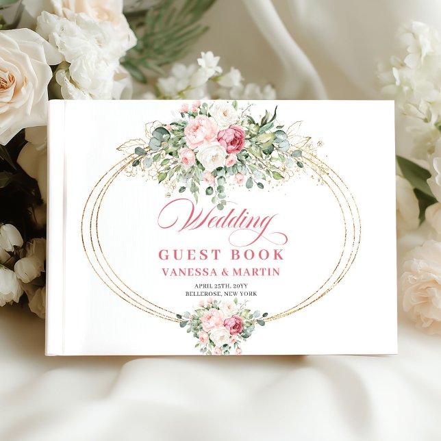 Visitas Livro de Presença para Casamento de Flores Rosa Pa (Romantic Pastel Pink Flowers Wedding Guest Book)