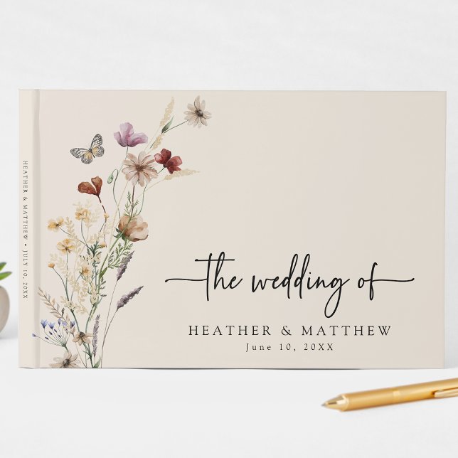 Visitas Livro de Registro de Convidados de Casamento Flora (Tan Wildflower Boho Floral Wedding Guest Book with butterfly by Painted Paperie
)