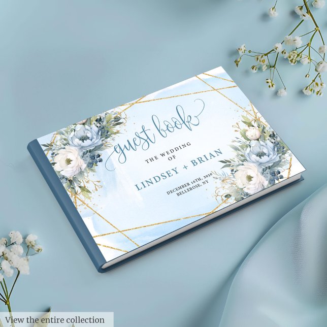 Visitas Na moda Pastel Blue Dourado Livro de Convidados (Stylish Pastel Blue White Gold Peonies Guest Book)