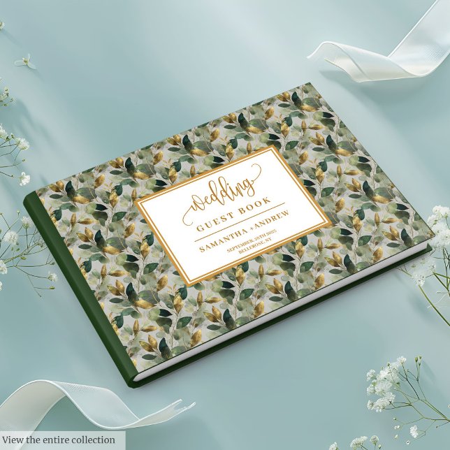 Visitas Ouro verde eucalipto livro de convidados (Golden sage green eucalyptus wedding guest book design)