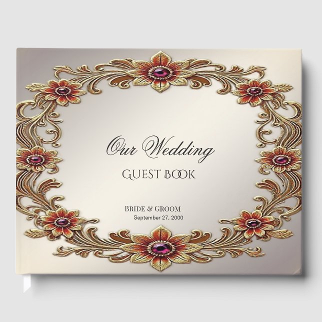 Visitas Quadro Floral Dourado com Livro de Convidados de P (Frente)