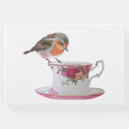 Visitas Robin em um livro de hóspedes de chá