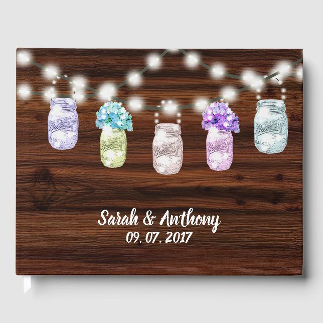 Visitas Rustic Mason Jar com Luz Casando Livro de Convidad (Frente)