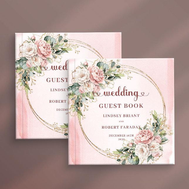 Visitas Sinal de Livro de Registro de Convidados de Rosa D (Classic Rose Gold Floral Greenery Guest Book Sign In)