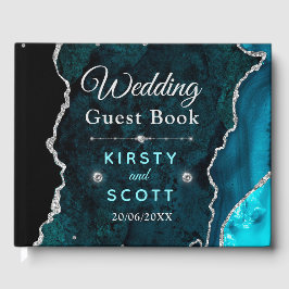 Visitas Teal & Silver Glitter Agate Nupt Livro de Convidad