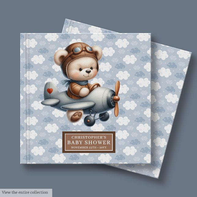 Visitas Tema Azul do Livro do Piloto do Urso de Teddy (Teddy Bear Pilot Baby Shower Guest Book Blue Theme)