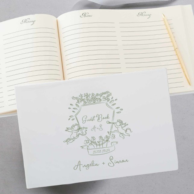 Visitas Whimsso traça o livro de convidados de Sage Green  (sage green vintage crest wedding guest book features hand drawn cherub illustration )