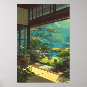 Vista de Jardim Japonês Tranquilo Impressão - Verd