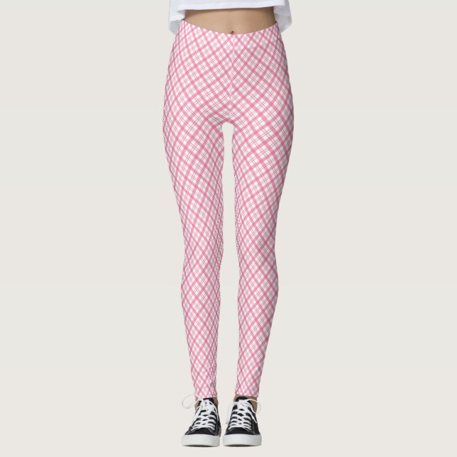 Vistas frontal e traseira de leggings xadrez rosa  (Frente)