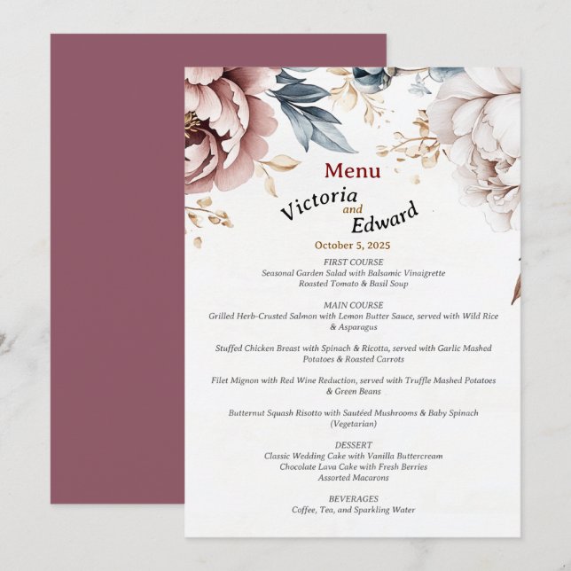 Vitoriano Peony Luxe Menu Cartão 5"x7" (Frente/Verso)