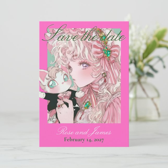 Vivid Pink Y2K Anime Gothic Cat Save the Date (Em pé/Frente)