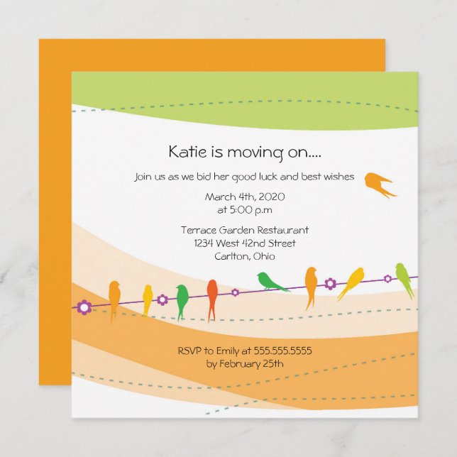 Voando longe do convite de festas de despedida (Frente/Verso)