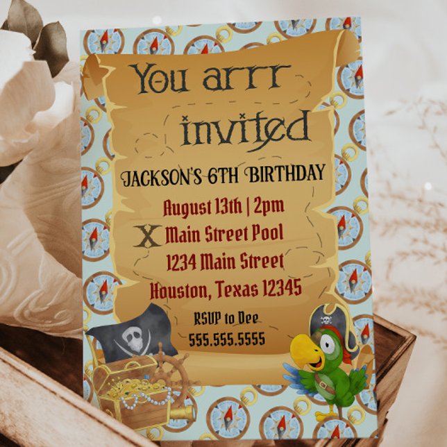 "Você está convidado" Convite de aniversário pirat (pirate birthday party invitation map, treasure chest, parrot children's birthday party)
