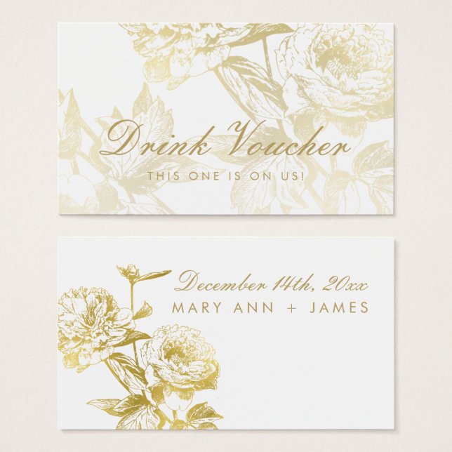 Voucher de Bebida Floral Dourada Elegante (Frente & Verso)