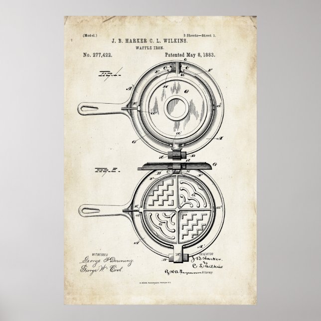 Waffle Iron Patent Impressão Poster 1883 (Frente)