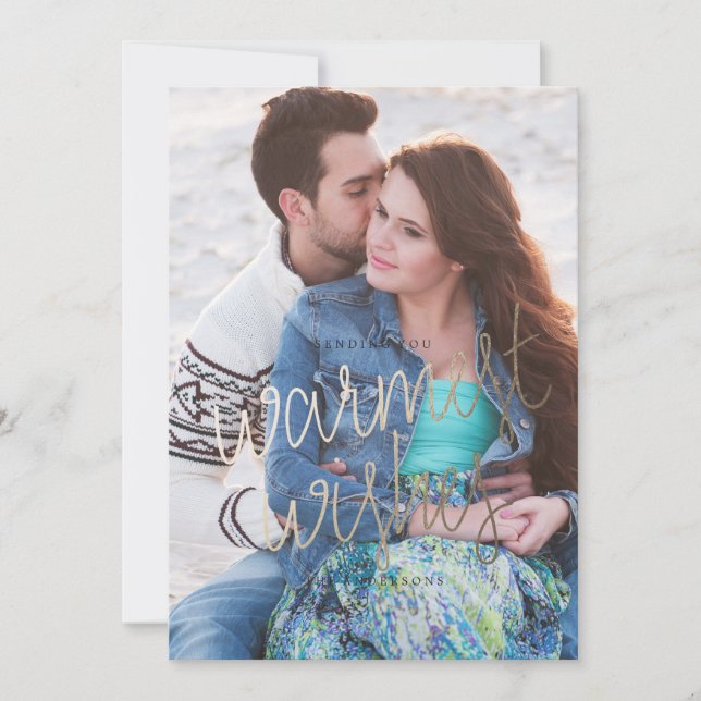 WARMEST WISHES DOURADO cartão de saudação de natal (Frente)