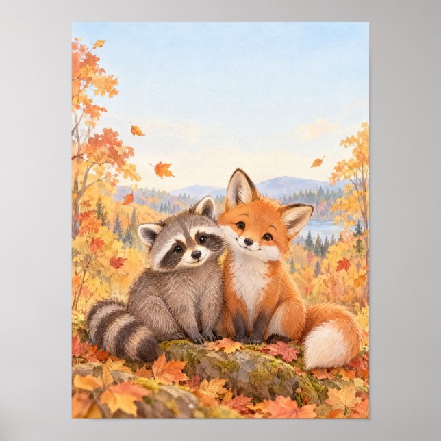 Waschbär und Fuchs im Herbstwald – Poster (Frente)