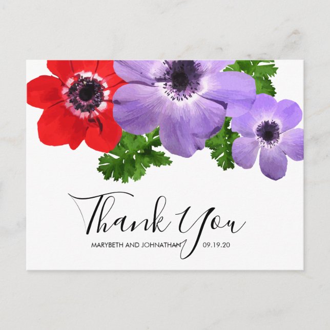 Watercolor Anemone Floral Obrigado Cartão Postal (Frente)