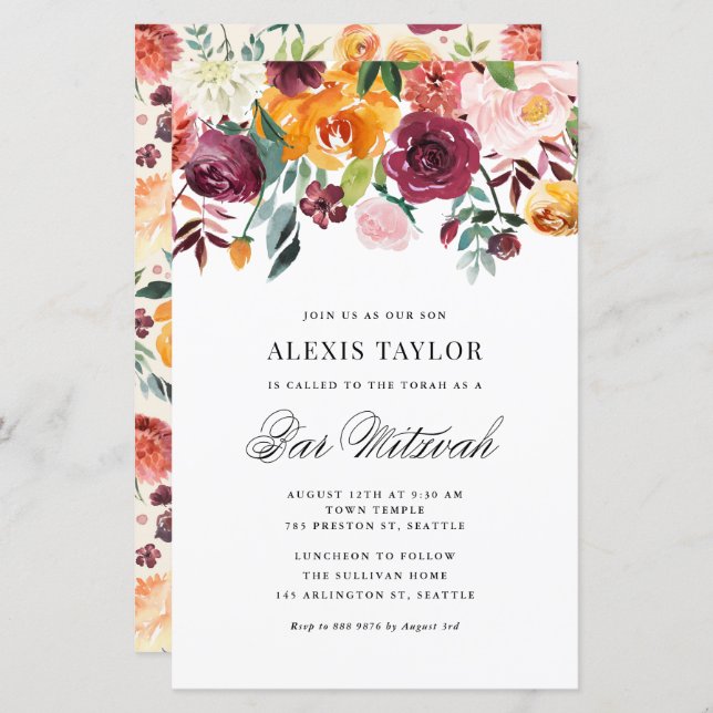 Watercolor Autumn Blooms Bar Mitzvah Convite (Frente/Verso)