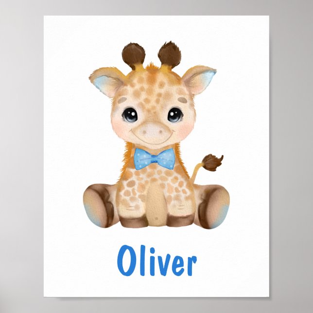 Watercolor Baby Giraffe Blue Boy Nursery Poster (Frente)