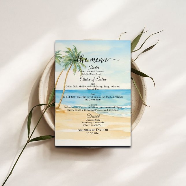 Watercolor Beach and Palm Trees Wedding Menu (Criador carregado)