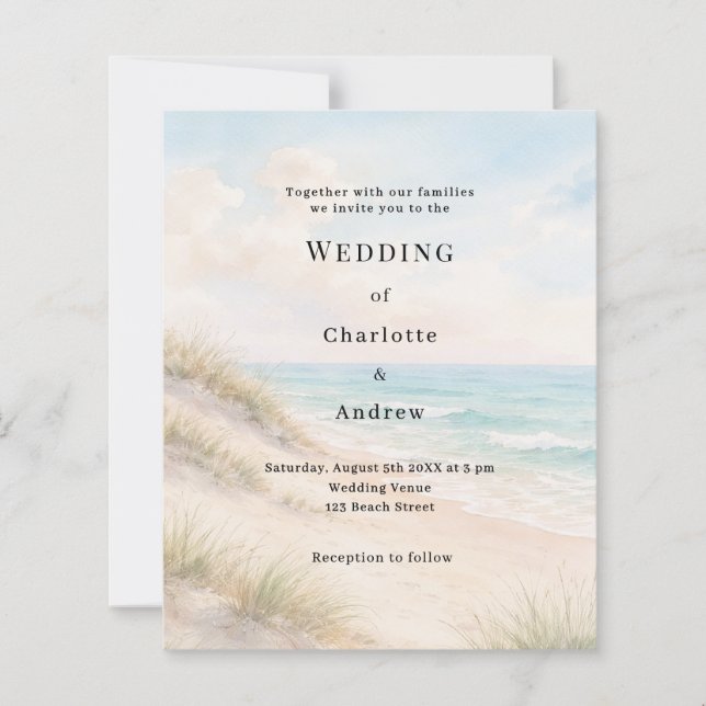 Watercolor beach sand dunes wedding invitation (Frente)