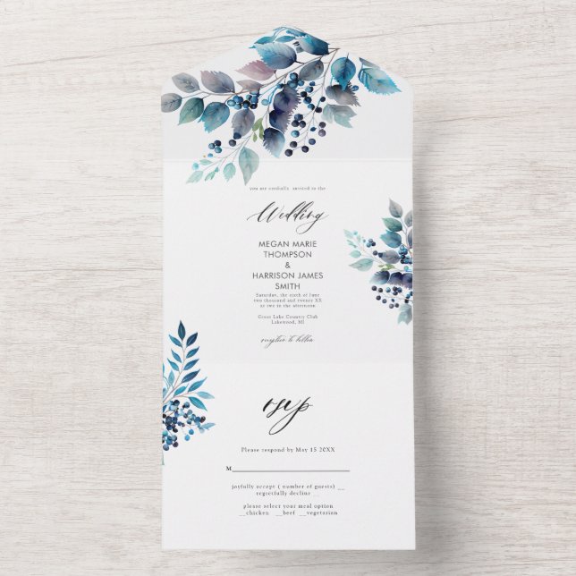 Watercolor Blue Branches e Berries Wedds (Inside)