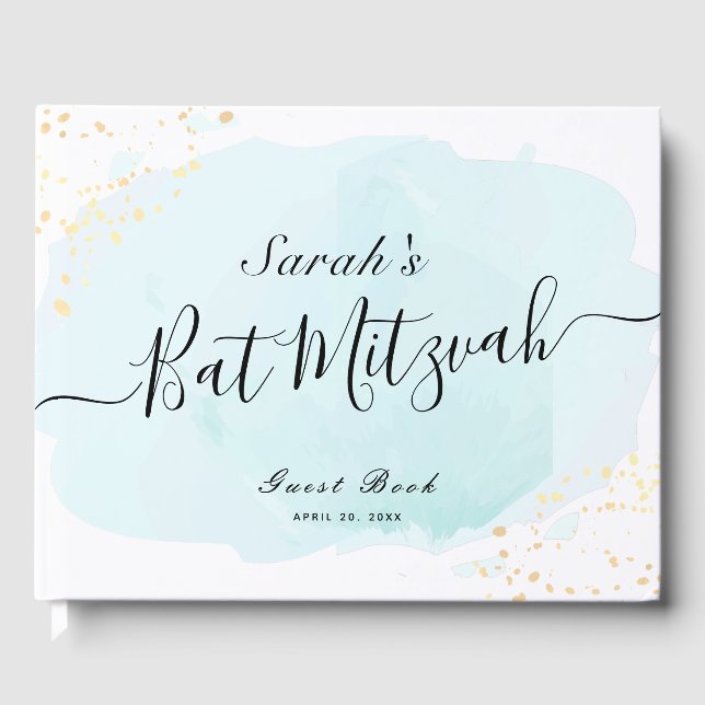 Watercolor Blue x Dourado Bat Mitzvah Livro de Con (Frente)
