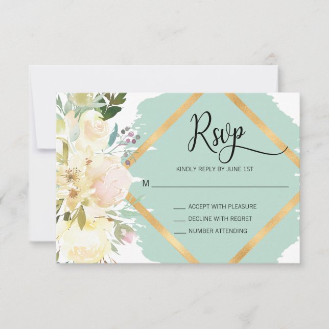 Watercolor Blush Mint Ivory Floral Casamento RSVP (Frente)