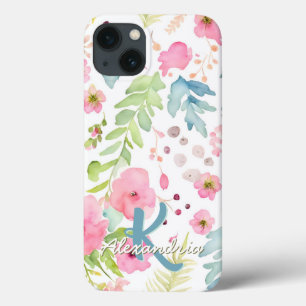 Watercolor Blush Pink Flowers Nome do Monograma do