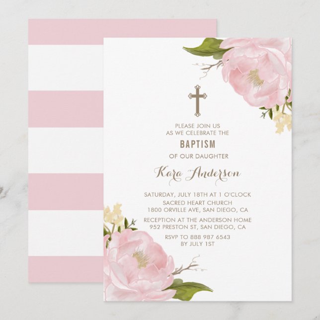 Watercolor Blush Pink Peonies Baptism Convite (Frente/Verso)