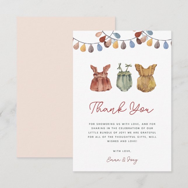 Watercolor Boho Baby Girl Chá Obrigado Cartões (Frente/Verso)
