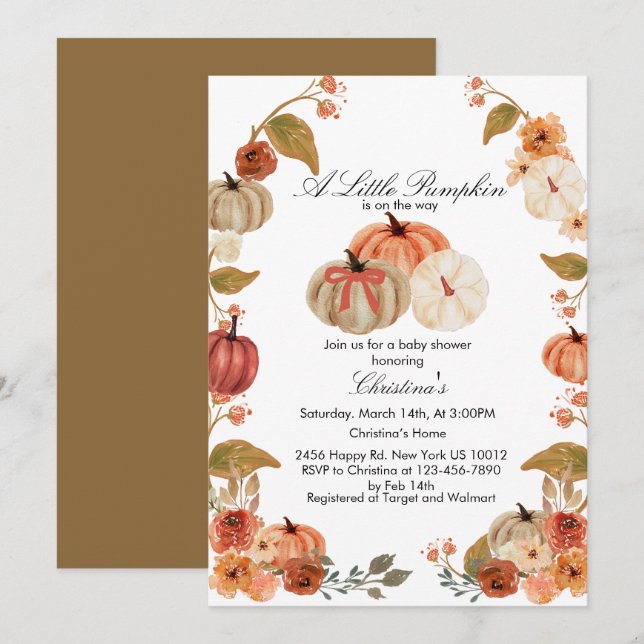 Watercolor Boho Pumpkin Babyshower Convite (Frente/Verso)