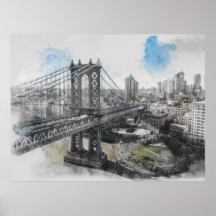 Watercolor Brooklyn Bridge Poster - Elegante NYC
