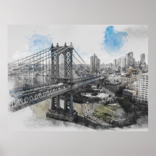 Watercolor Brooklyn Bridge Poster - Elegante NYC (Frente)