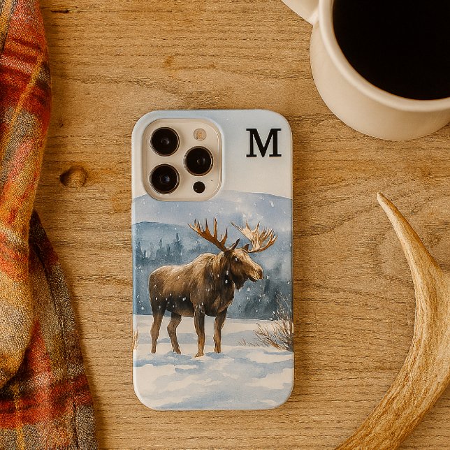 Watercolor Bull Moose in Winter Nature  (Rustic wildlife-themed phone case, designed for men.)
