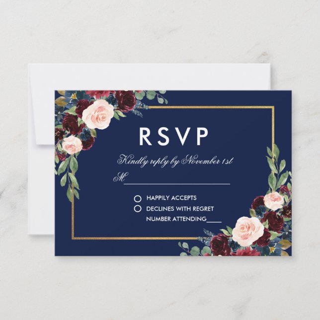 Watercolor Burgundy Blue Floral Dourado RSVP (Frente)