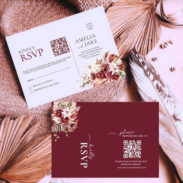 Watercolor Burgundy Blush Gold QR Wedding RSVP (Criador carregado)