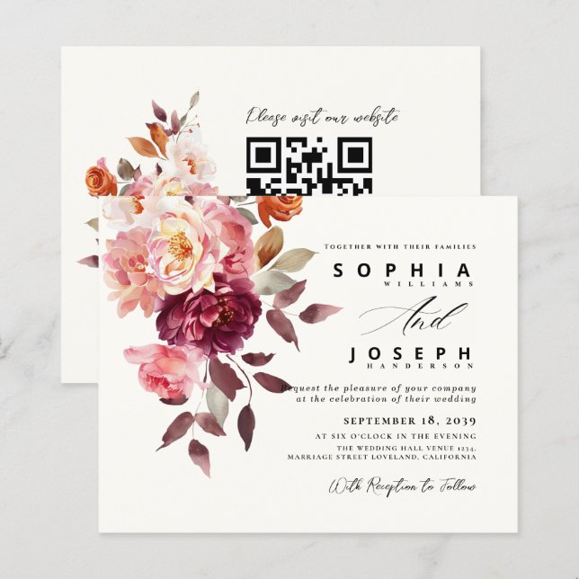 watercolor Burgundy Bouquet Floral Wedding (Frente/Verso)