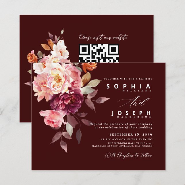 watercolor Burgundy Bouquet Floral Wedding (Frente/Verso)