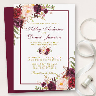 Watercolor Burgundy Convite de casamento Dourado F