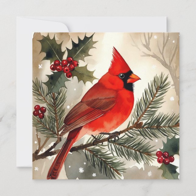 Watercolor Cardinal on Snowy Pine Branch Flat Card (Frente)