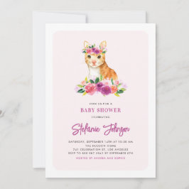 Watercolor Cat Floral Pink Chá de fraldas Convite