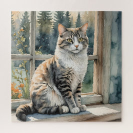 Watercolor Cat Sentado no Quebra-cabeça da margem 
