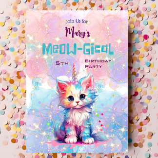 Watercolor Caticorn Meow-Gical Birthday Convite