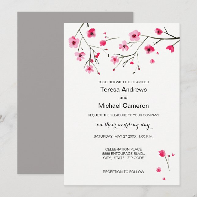 Watercolor Cherry Blossoms Convites para Casamento (Frente/Verso)