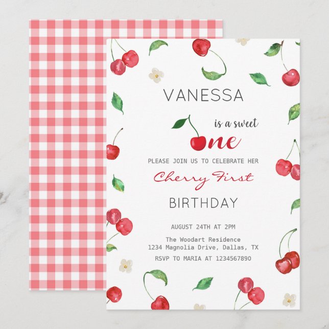 Watercolor Cherry Girl First Birday Convite (Frente/Verso)
