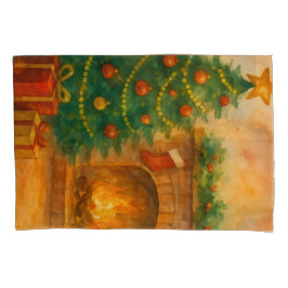Watercolor Christmas Tree & Cozy Fireplace Holiday