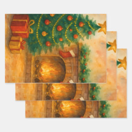Watercolor Christmas Tree & Cozy Fireplace Holiday