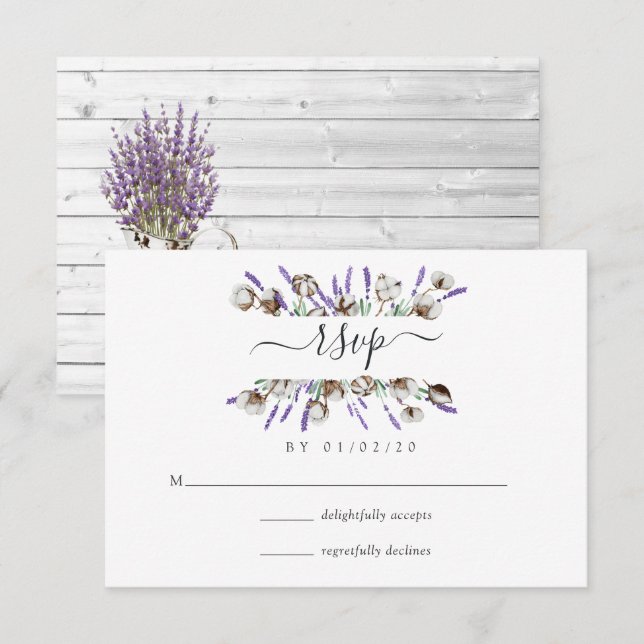 Watercolor Cotton Lavender Country Wedding RSVP Ca (Frente/Verso)